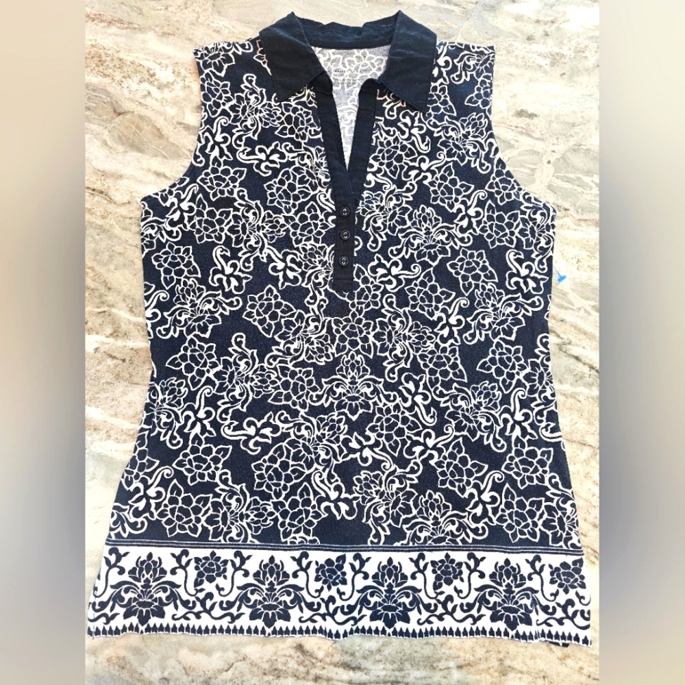 Charter Club Golf Sleeveless Polo Top Small Black White Floral Stretch